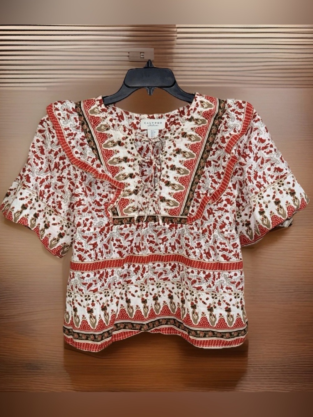 NWOT Calypso St. Barth Red and White Floral Boho Blouse-S-EC